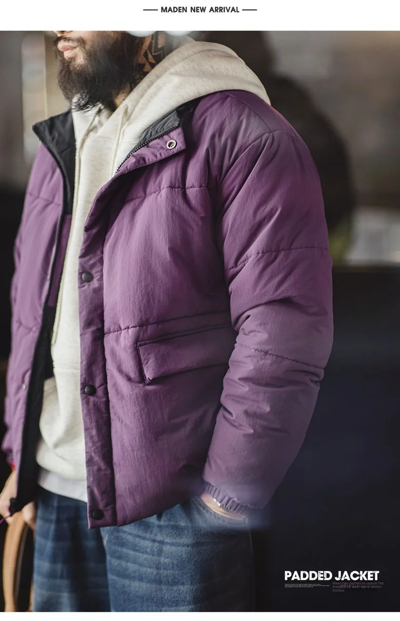 Maden Vintage Men's Reversible Thermal Jacket Water-Repellent Heavyweight Cotton Stand Collar Short Coat for Autumn Winter