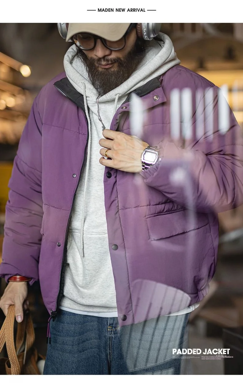 Maden Vintage Men's Reversible Thermal Jacket Water-Repellent Heavyweight Cotton Stand Collar Short Coat for Autumn Winter