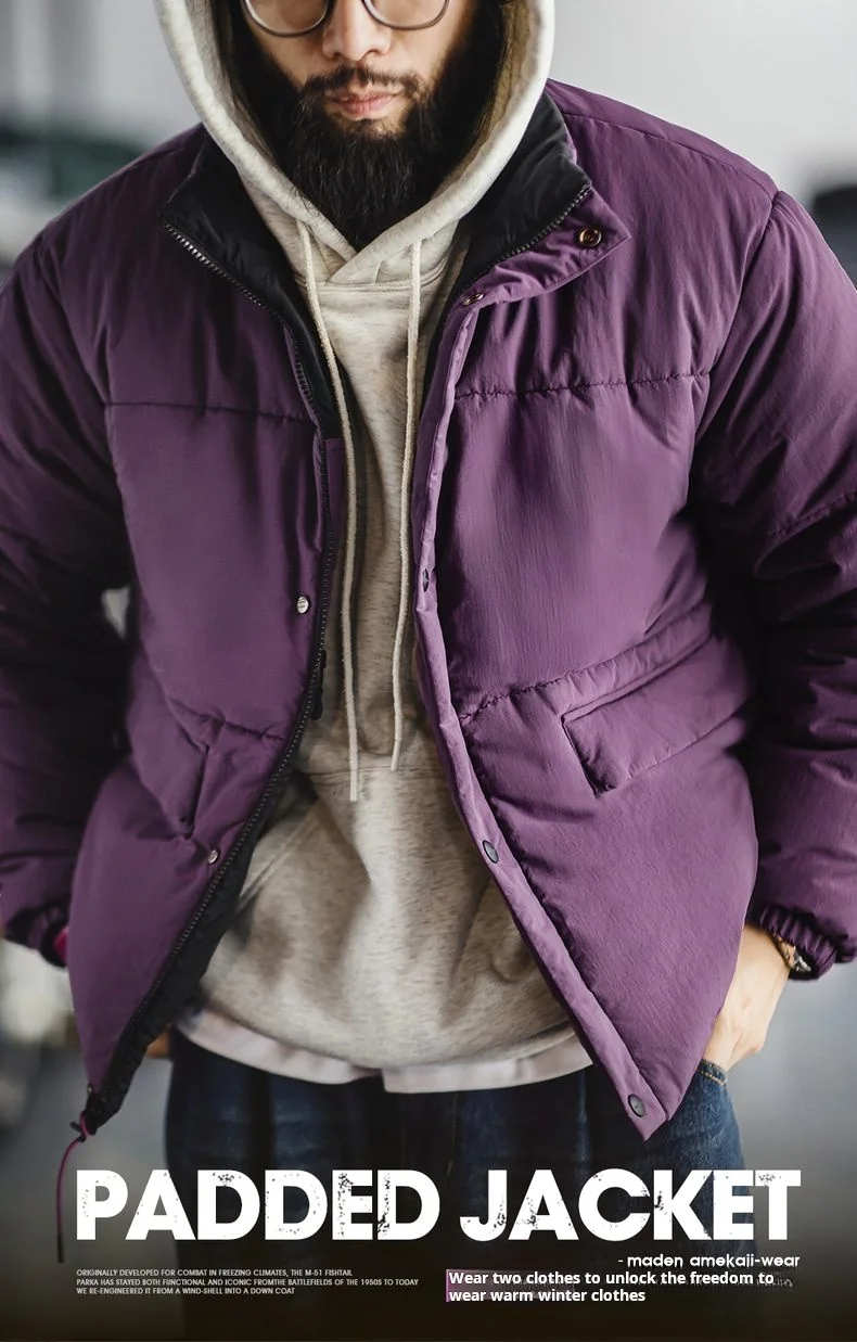 Maden Vintage Men's Reversible Thermal Jacket Water-Repellent Heavyweight Cotton Stand Collar Short Coat for Autumn Winter