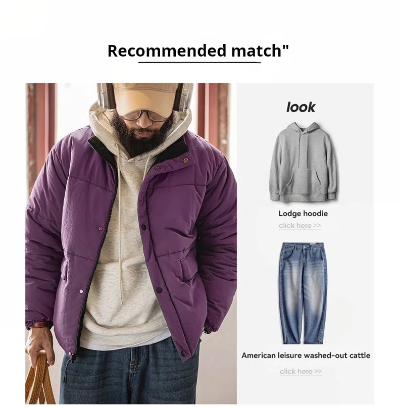 Maden Vintage Men's Reversible Thermal Jacket Water-Repellent Heavyweight Cotton Stand Collar Short Coat for Autumn Winter