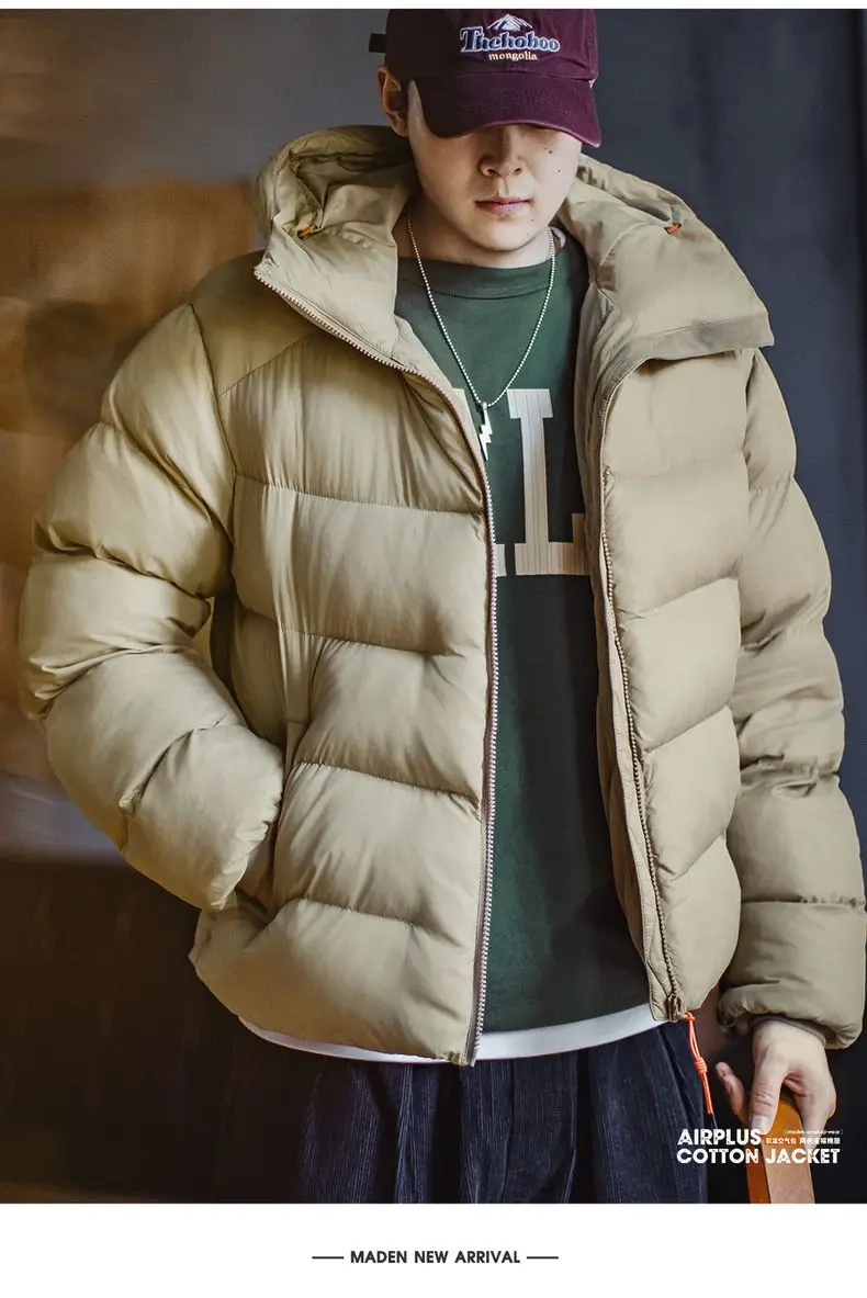 Maden Men's Hooded Cotton-padded Jacket Quilted Puffer Short Coat Outddor Waterproof Windproof Warm Soft Jackets for Fall Winter