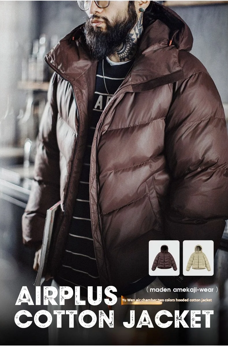 Maden Men's Hooded Cotton-padded Jacket Quilted Puffer Short Coat Outddor Waterproof Windproof Warm Soft Jackets for Fall Winter