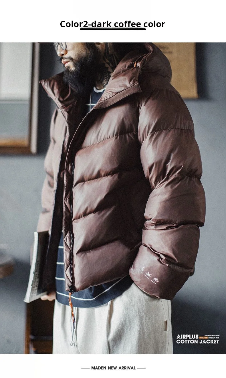 Maden Men's Hooded Cotton-padded Jacket Quilted Puffer Short Coat Outddor Waterproof Windproof Warm Soft Jackets for Fall Winter