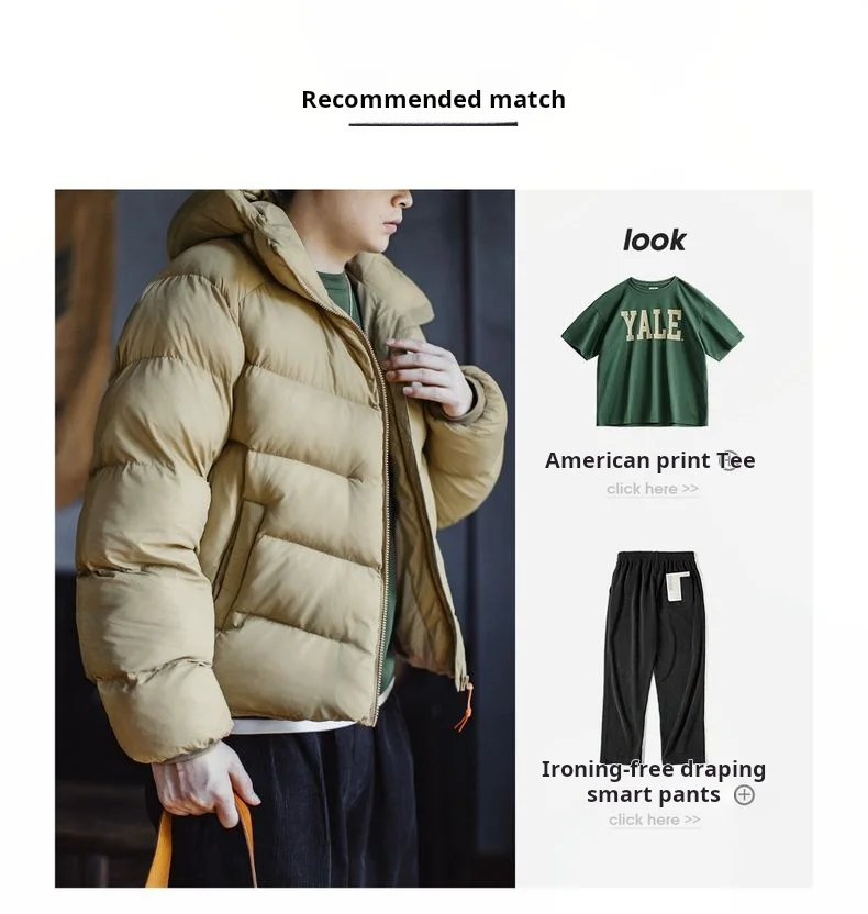 Maden Men's Hooded Cotton-padded Jacket Quilted Puffer Short Coat Outddor Waterproof Windproof Warm Soft Jackets for Fall Winter