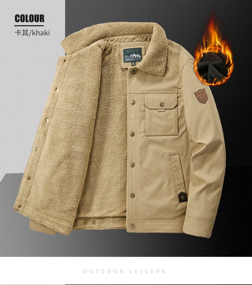 Men's Casual Lapel Jacket 2025 Autumn/Winter Thickened Washed Cotton Fleece Fashionable Men's Coat