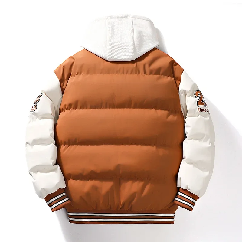 Men's Parka Cotton Padded Jacket Hooded Letter Embroidery Zipper Pockets Coldproof Outerwear Male Coat Streetwear Chic Hot Sales
