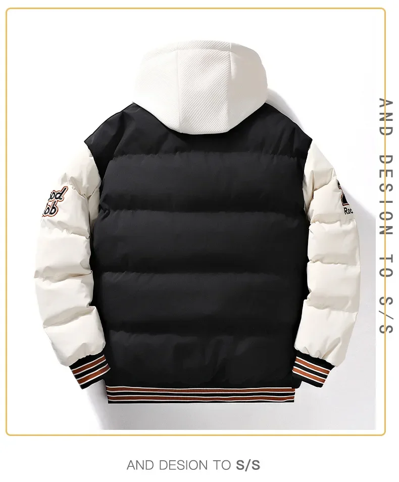 Men's Parka Cotton Padded Jacket Hooded Letter Embroidery Zipper Pockets Coldproof Outerwear Male Coat Streetwear Chic Hot Sales