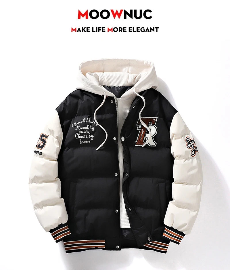 Men's Parka Cotton Padded Jacket Hooded Letter Embroidery Zipper Pockets Coldproof Outerwear Male Coat Streetwear Chic Hot Sales