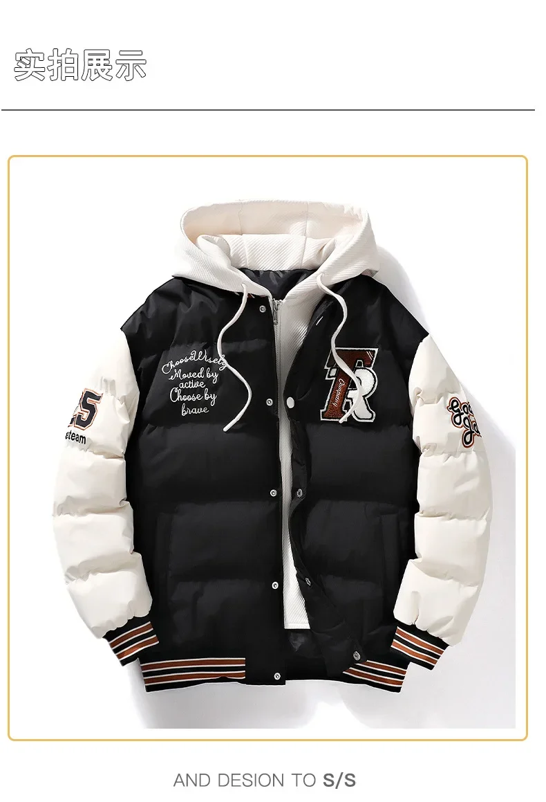 Men's Parka Cotton Padded Jacket Hooded Letter Embroidery Zipper Pockets Coldproof Outerwear Male Coat Streetwear Chic Hot Sales