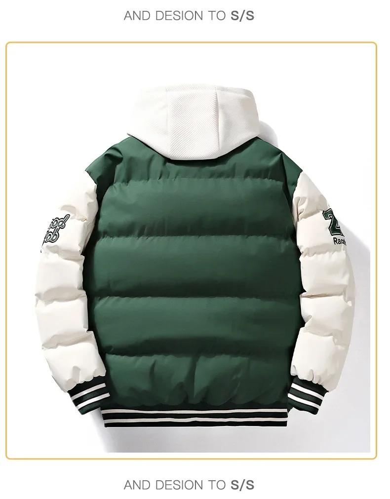 Men's Parka Cotton Padded Jacket Hooded Letter Embroidery Zipper Pockets Coldproof Outerwear Male Coat Streetwear Chic Hot Sales