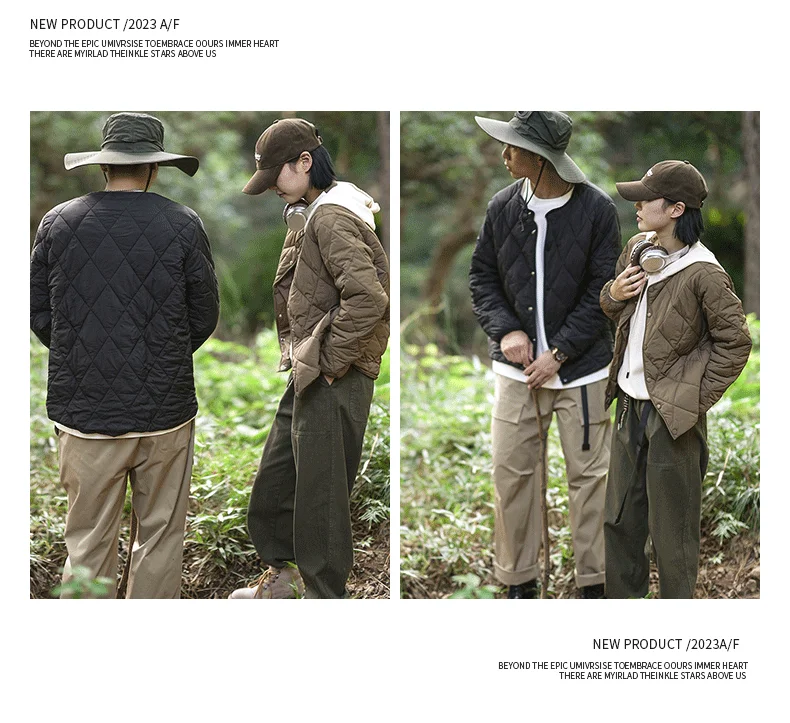 Dukeen Vintage Lingge Stitched Cotton Jacket for Men Winter Solid Color Thin Warm Collarless Windproof Coats Men's Clothing
