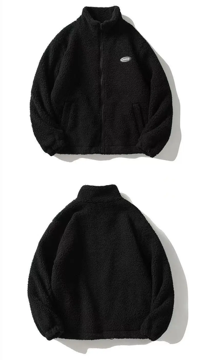 Hip Hop Winter Fleece Fluffy Jacket Streetwear Harajuku Fuzzy Zipper Coat Men Autumn Solid Color Lightweight Jackets Black Beige