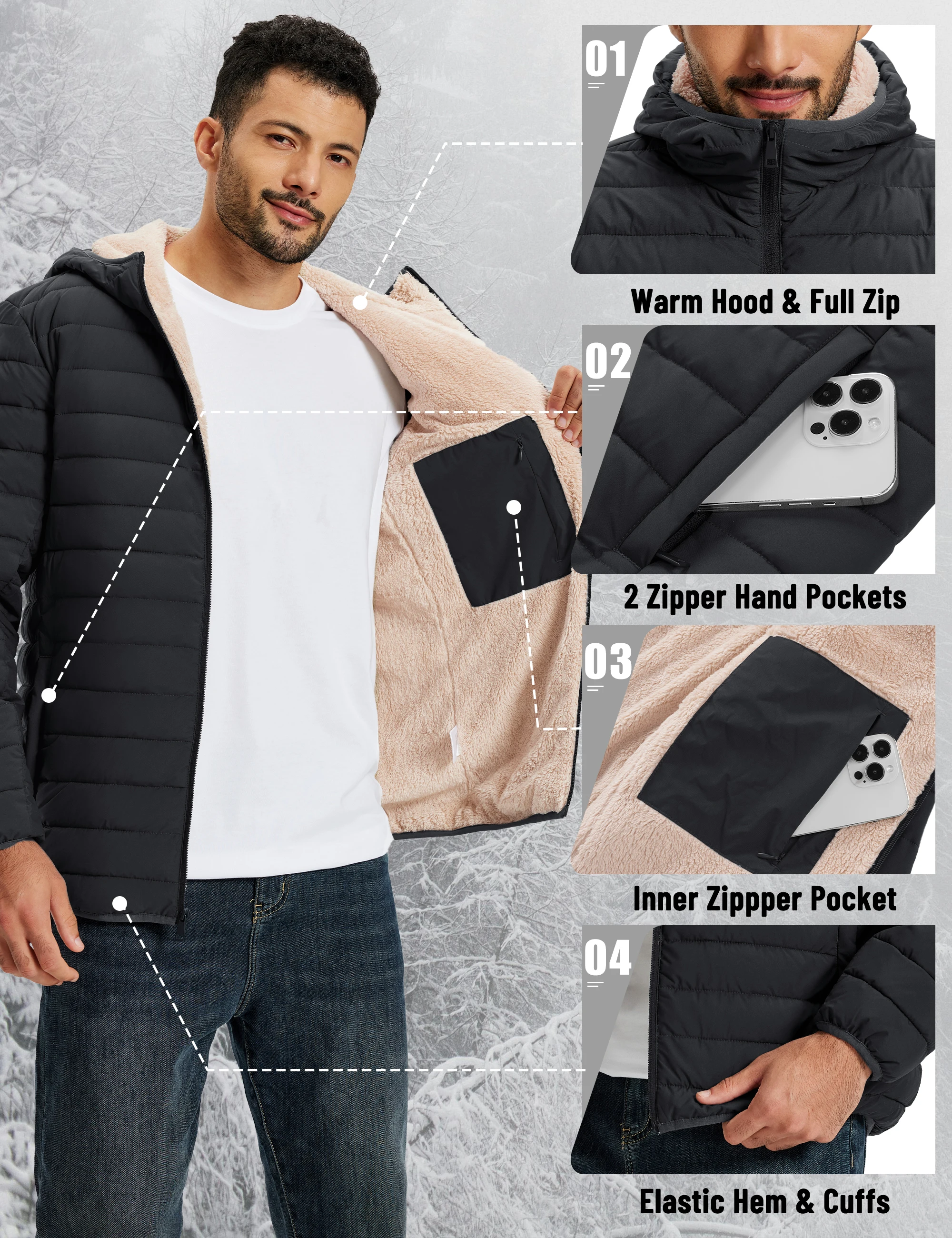 TACVASEN Men's Puffer Jacket Winter Warm Hooded Sherpa Lined Water Resistant Windproof Insulated Jacket Warm Winter Puffy Coat