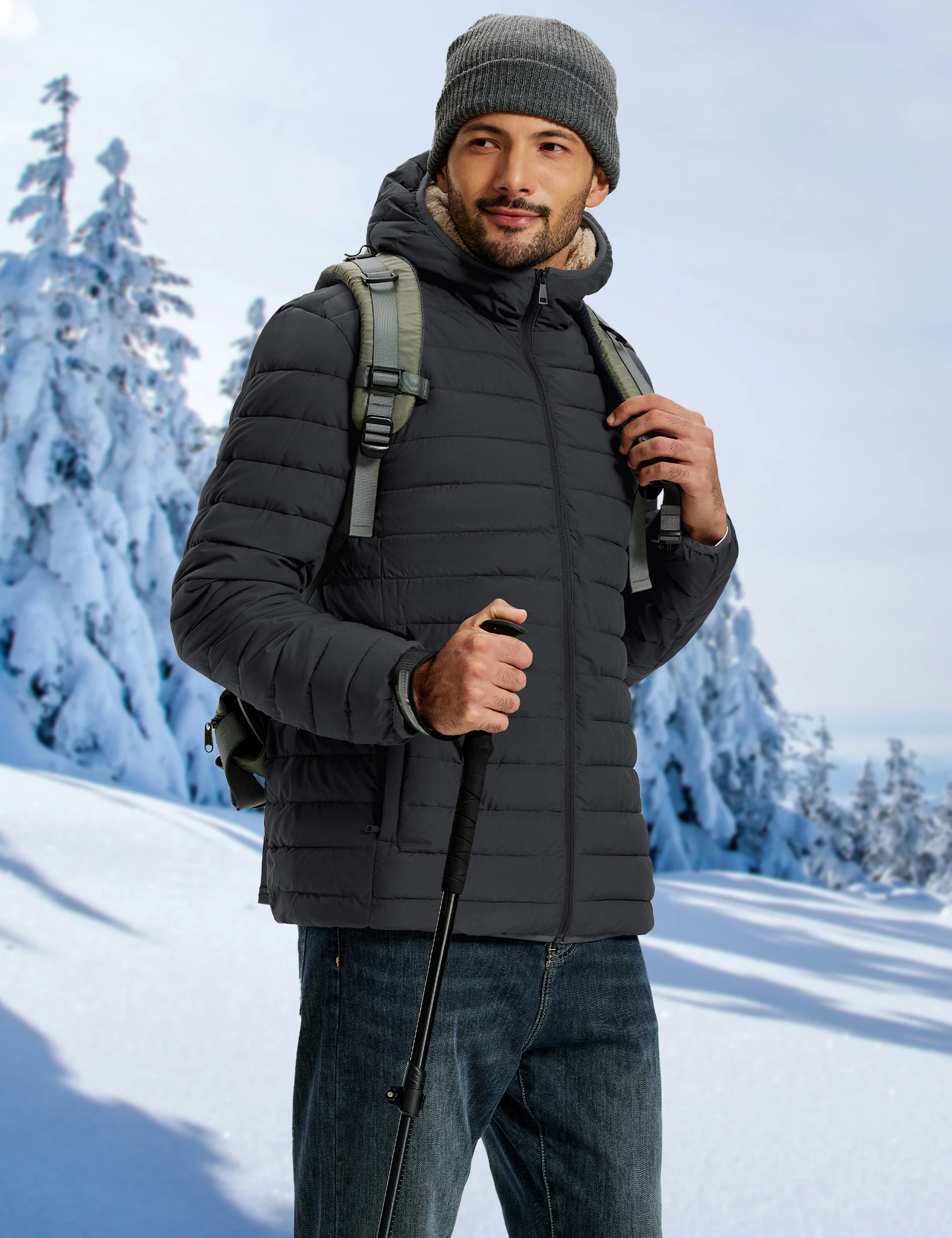 TACVASEN Men's Puffer Jacket Winter Warm Hooded Sherpa Lined Water Resistant Windproof Insulated Jacket Warm Winter Puffy Coat