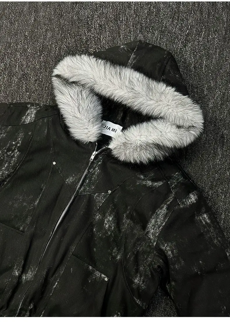 Mens Jacket Winter Streetwear Black Padded Coat Tie Dye Design Faux Fur Hood Zip Up Quilted Warm Outerwear Dark Retro Fashion