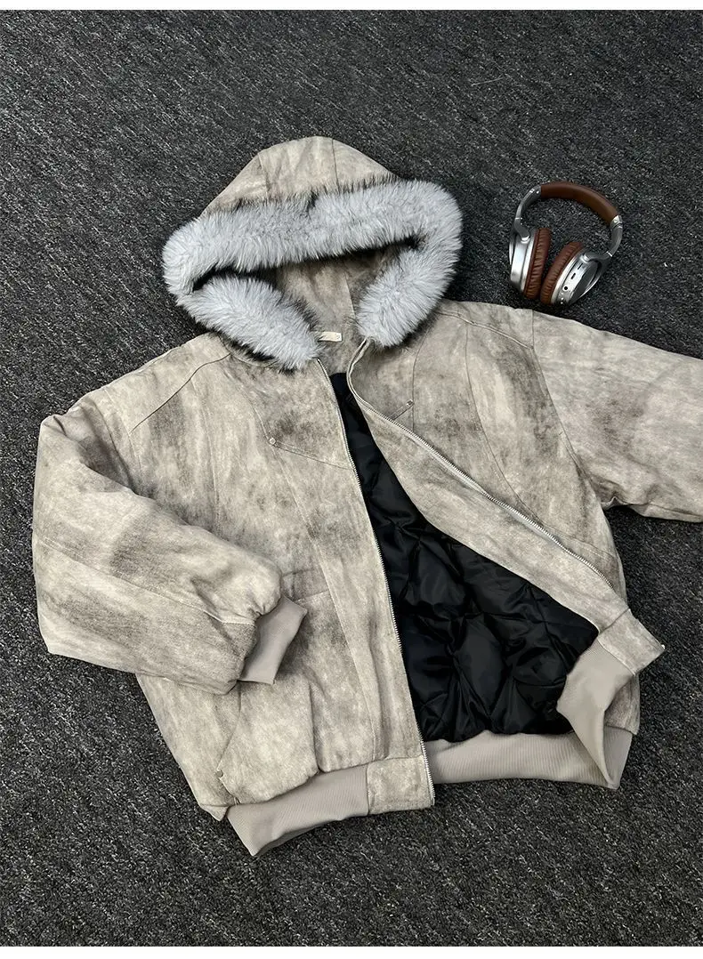 Mens Jacket Winter Streetwear Black Padded Coat Tie Dye Design Faux Fur Hood Zip Up Quilted Warm Outerwear Dark Retro Fashion