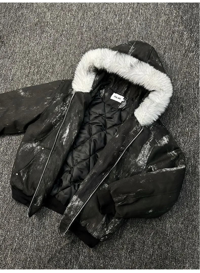 Mens Jacket Winter Streetwear Black Padded Coat Tie Dye Design Faux Fur Hood Zip Up Quilted Warm Outerwear Dark Retro Fashion