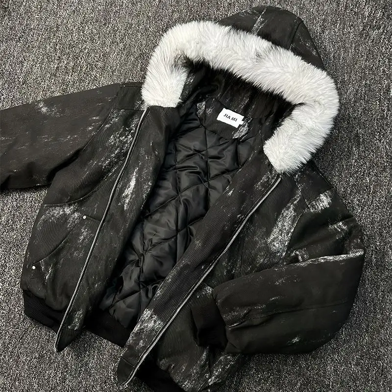 Mens Jacket Winter Streetwear Black Padded Coat Tie Dye Design Faux Fur Hood Zip Up Quilted Warm Outerwear Dark Retro Fashion