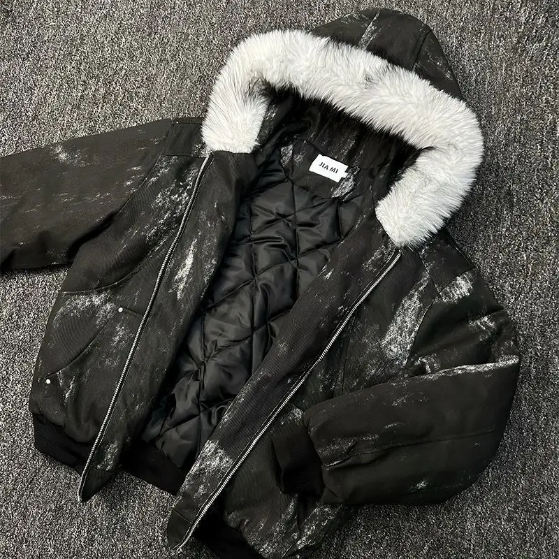 Mens Jacket Winter Streetwear Black Padded Coat Tie Dye Design Faux Fur Hood Zip Up Quilted Warm Outerwear Dark Retro Fashion