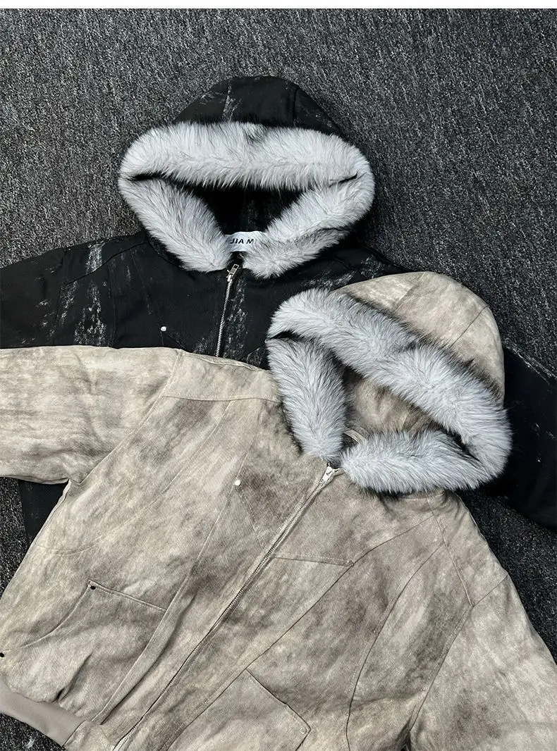 Mens Jacket Winter Streetwear Black Padded Coat Tie Dye Design Faux Fur Hood Zip Up Quilted Warm Outerwear Dark Retro Fashion