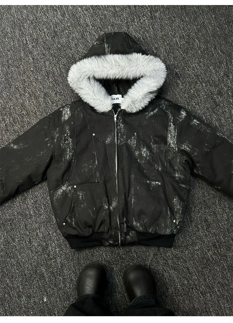 Mens Jacket Winter Streetwear Black Padded Coat Tie Dye Design Faux Fur Hood Zip Up Quilted Warm Outerwear Dark Retro Fashion