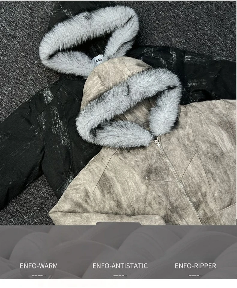 Mens Jacket Winter Streetwear Black Padded Coat Tie Dye Design Faux Fur Hood Zip Up Quilted Warm Outerwear Dark Retro Fashion