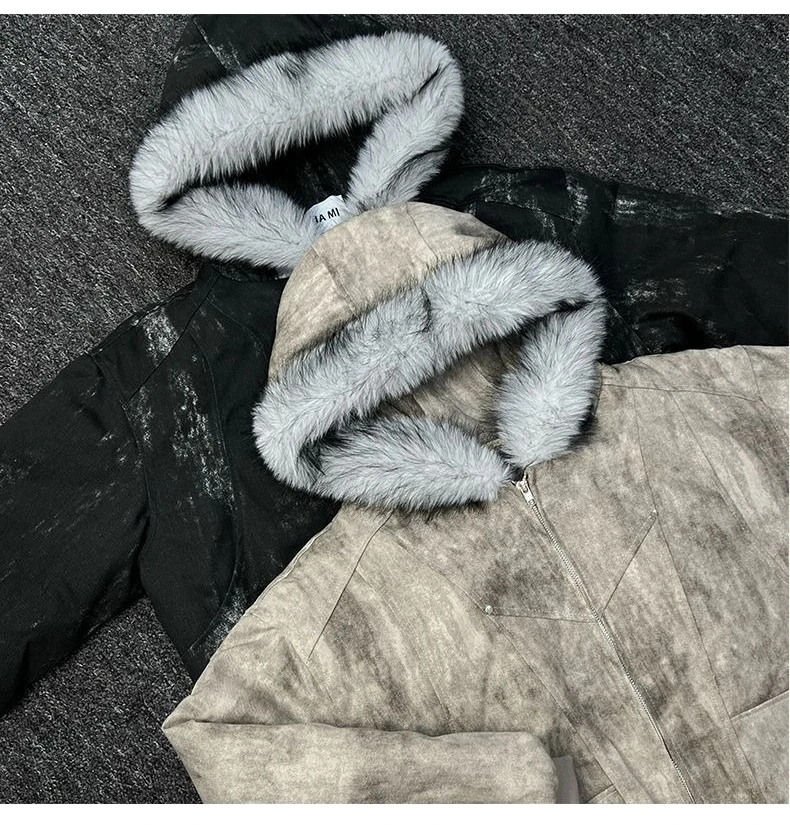 Mens Jacket Winter Streetwear Black Padded Coat Tie Dye Design Faux Fur Hood Zip Up Quilted Warm Outerwear Dark Retro Fashion