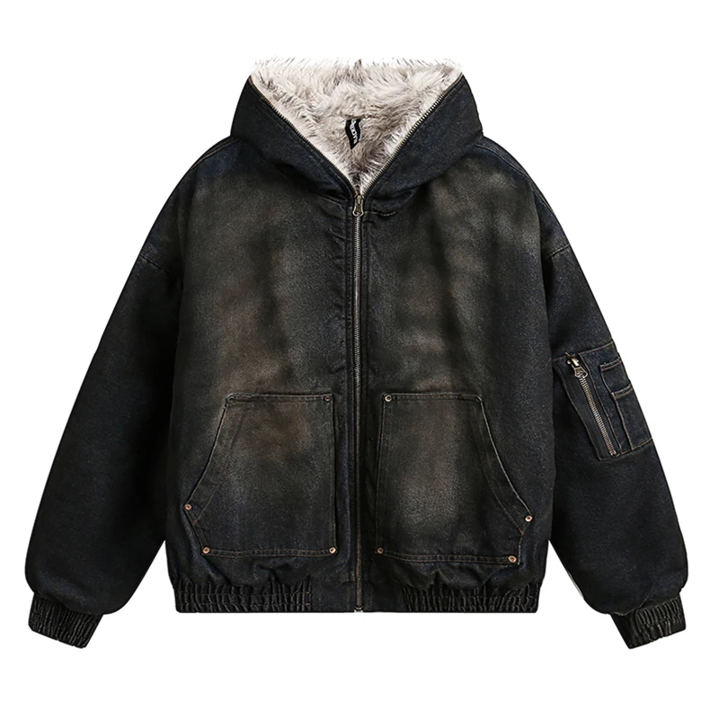 FEWQ Men's Padded Jackets New Fashion Denim Fleece Hooded Worn-out Zipper Patchwork Loose Winter Male Clothing Stylish 24F1011