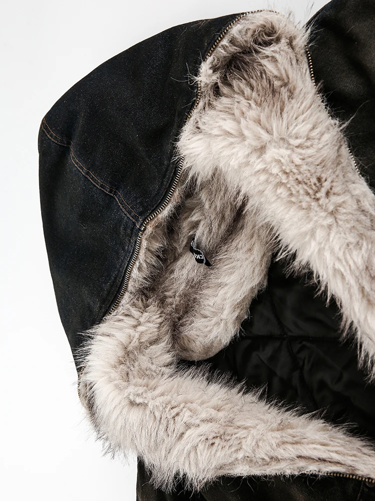 FEWQ Men's Padded Jackets New Fashion Denim Fleece Hooded Worn-out Zipper Patchwork Loose Winter Male Clothing Stylish 24F1011