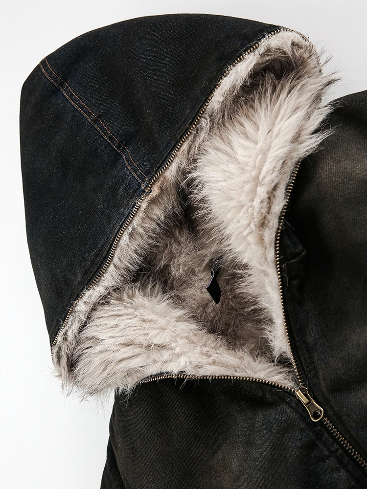 FEWQ Men's Padded Jackets New Fashion Denim Fleece Hooded Worn-out Zipper Patchwork Loose Winter Male Clothing Stylish 24F1011