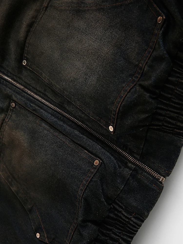 FEWQ Men's Padded Jackets New Fashion Denim Fleece Hooded Worn-out Zipper Patchwork Loose Winter Male Clothing Stylish 24F1011