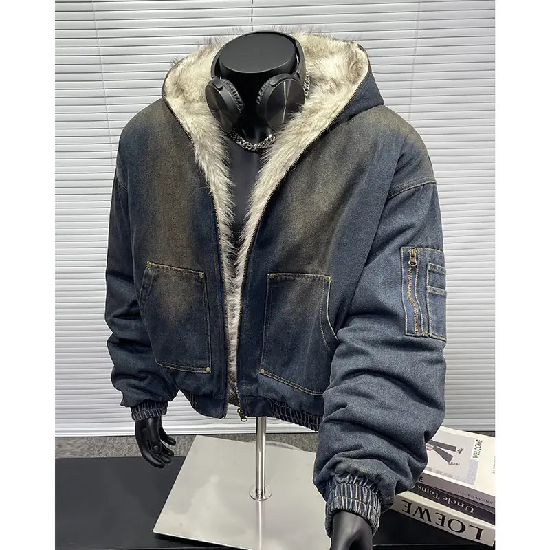 FEWQ Men's Padded Jackets New Fashion Denim Fleece Hooded Worn-out Zipper Patchwork Loose Winter Male Clothing Stylish 24F1011