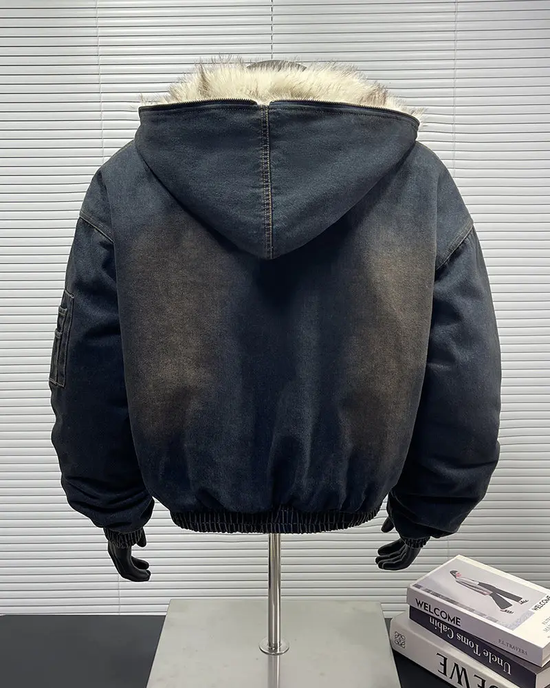 FEWQ Men's Padded Jackets New Fashion Denim Fleece Hooded Worn-out Zipper Patchwork Loose Winter Male Clothing Stylish 24F1011