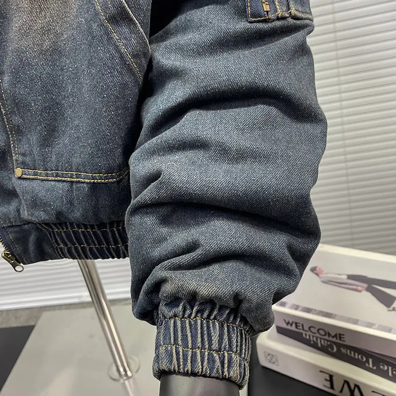 FEWQ Men's Padded Jackets New Fashion Denim Fleece Hooded Worn-out Zipper Patchwork Loose Winter Male Clothing Stylish 24F1011