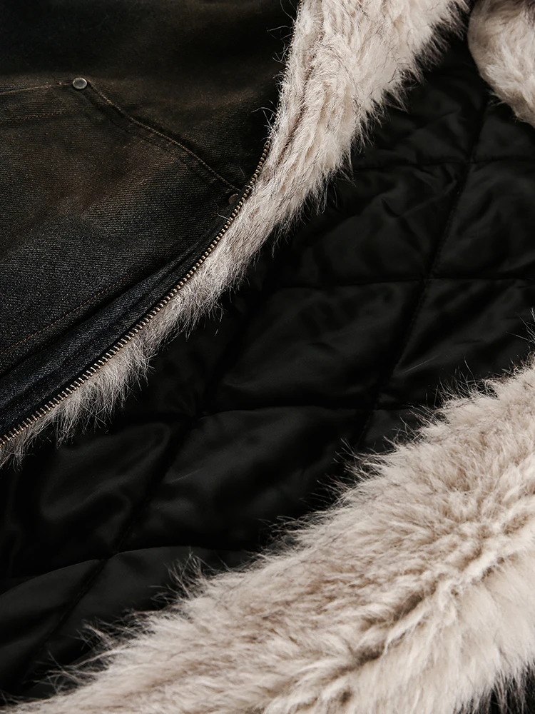 FEWQ Men's Padded Jackets New Fashion Denim Fleece Hooded Worn-out Zipper Patchwork Loose Winter Male Clothing Stylish 24F1011