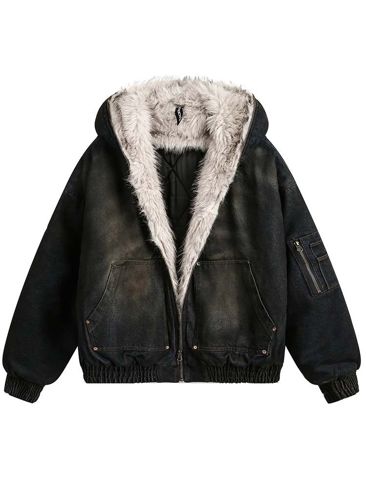 FEWQ Men's Padded Jackets New Fashion Denim Fleece Hooded Worn-out Zipper Patchwork Loose Winter Male Clothing Stylish 24F1011
