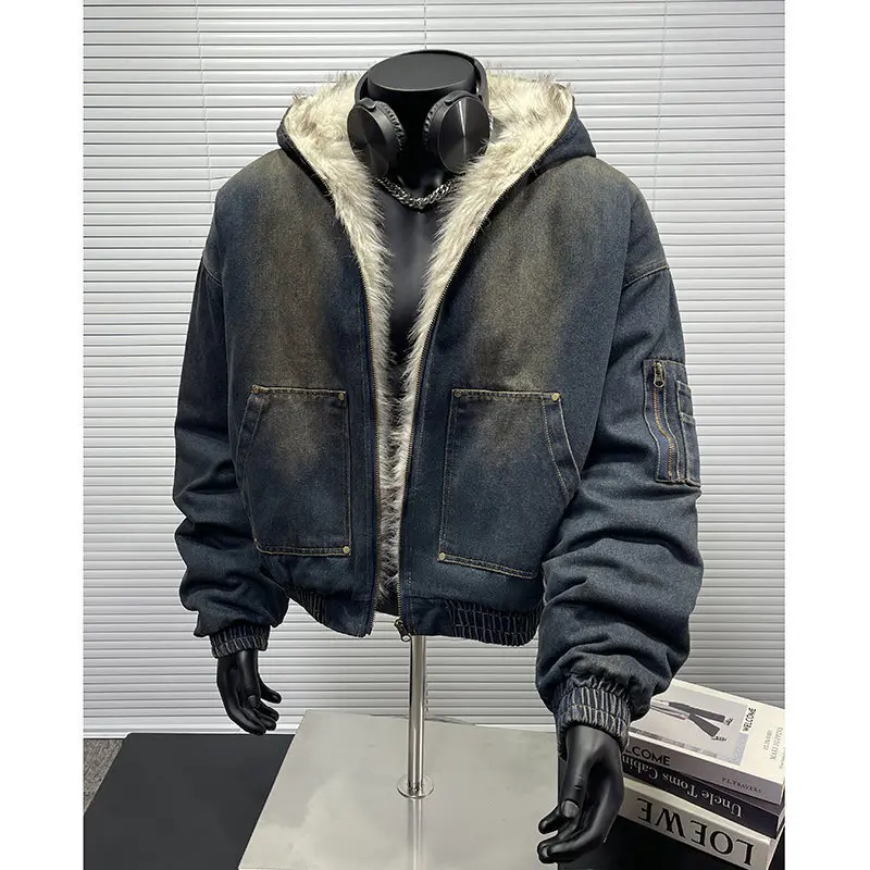 FEWQ Men's Padded Jackets New Fashion Denim Fleece Hooded Worn-out Zipper Patchwork Loose Winter Male Clothing Stylish 24F1011