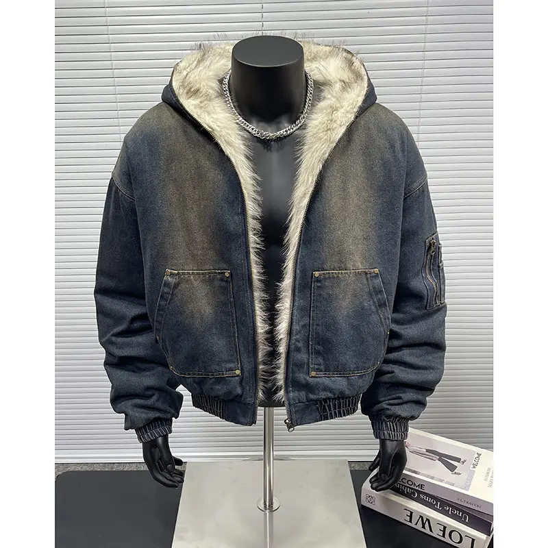 FEWQ Men's Padded Jackets New Fashion Denim Fleece Hooded Worn-out Zipper Patchwork Loose Winter Male Clothing Stylish 24F1011
