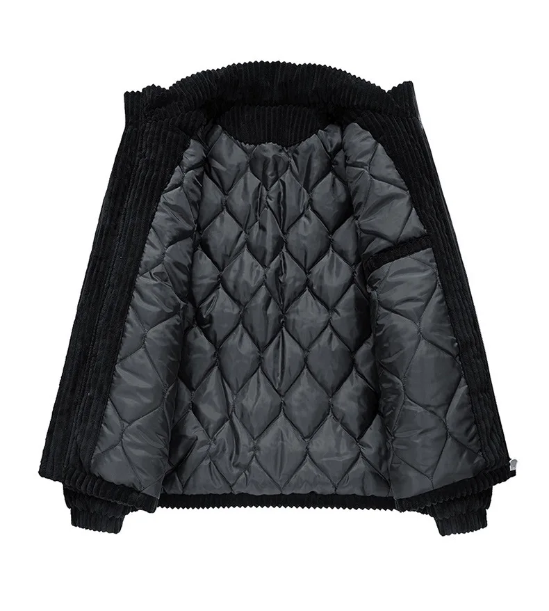 New Winter Fashion Casual Parkas for Men Stand Collar Solid Color Outerwear Corduroy Thicken Warm Jacket Cotton-padded Jacket