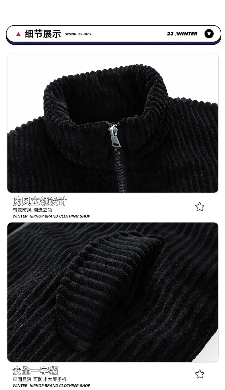 New Winter Fashion Casual Parkas for Men Stand Collar Solid Color Outerwear Corduroy Thicken Warm Jacket Cotton-padded Jacket