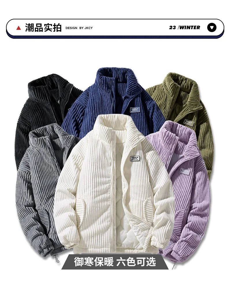 New Winter Fashion Casual Parkas for Men Stand Collar Solid Color Outerwear Corduroy Thicken Warm Jacket Cotton-padded Jacket