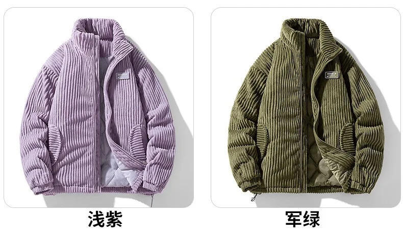 New Winter Fashion Casual Parkas for Men Stand Collar Solid Color Outerwear Corduroy Thicken Warm Jacket Cotton-padded Jacket