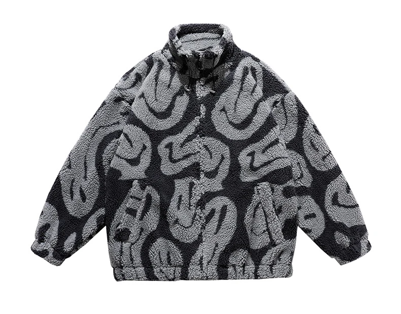 Winter New Lambswool Parka Jacket Men Coat Fashion Print Streetwear Harajuku Oversize Thickening Fleece Outerwear M-XXL