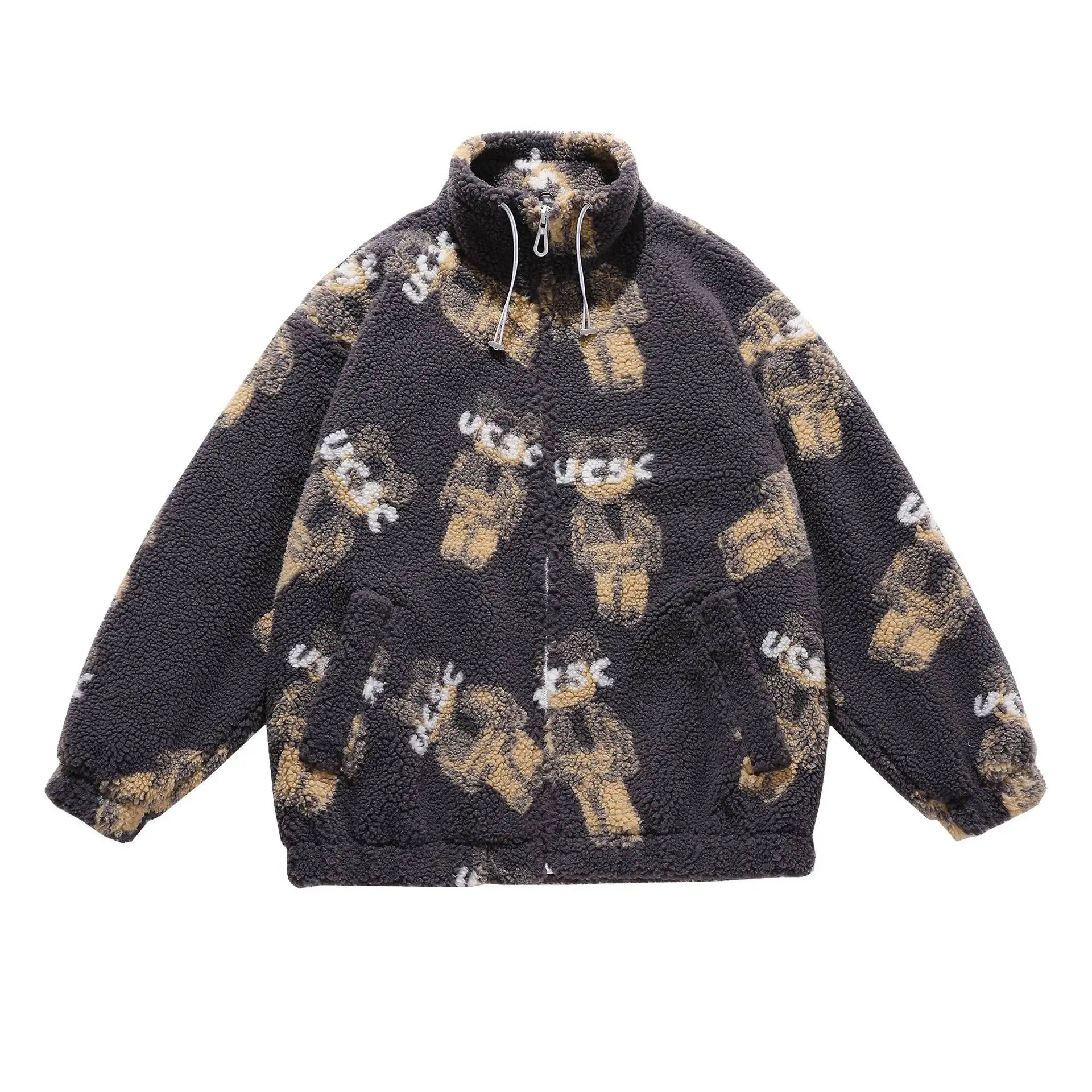 Winter New Lambswool Parka Jacket Men Coat Fashion Print Streetwear Harajuku Oversize Thickening Fleece Outerwear M-XXL