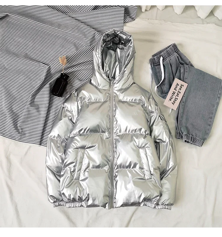 Streetwear Fashion Bright Silver Puffer Jackets for Men Thicken Winter Mens Coats Casual Hooded Cotton Wadded Heated Jacket Men