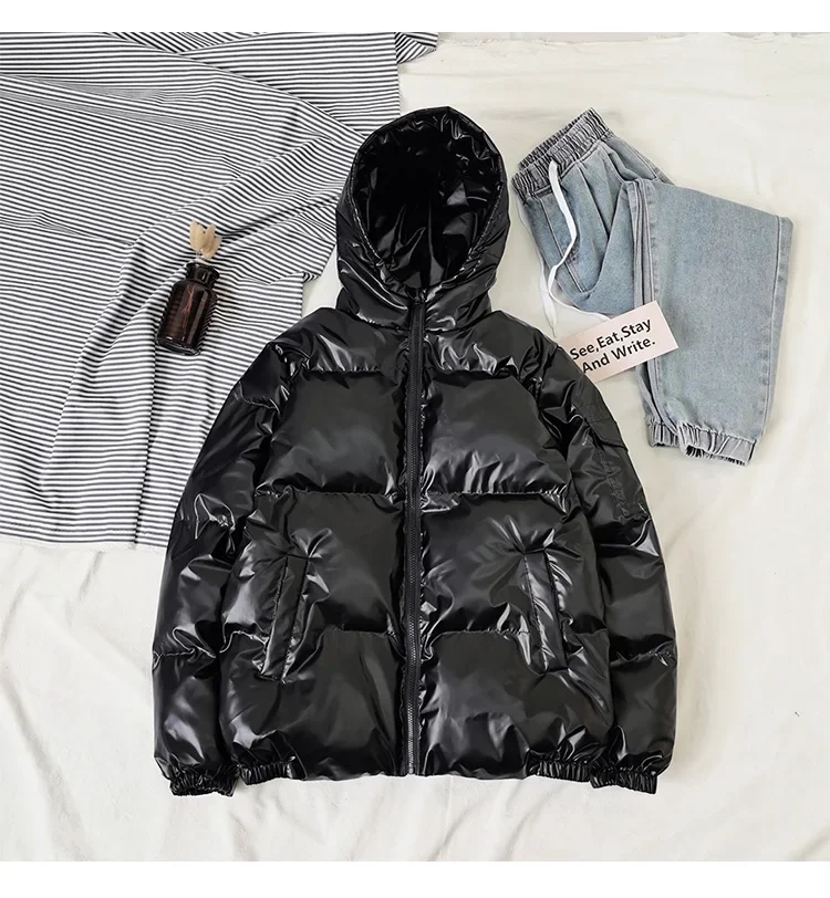 Streetwear Fashion Bright Silver Puffer Jackets for Men Thicken Winter Mens Coats Casual Hooded Cotton Wadded Heated Jacket Men
