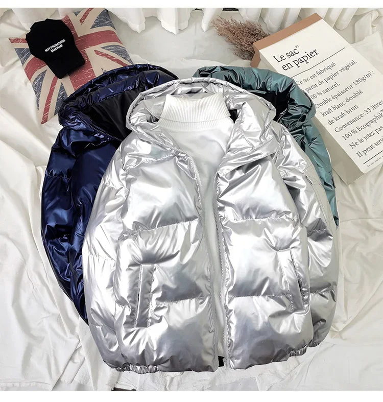 Streetwear Fashion Bright Silver Puffer Jackets for Men Thicken Winter Mens Coats Casual Hooded Cotton Wadded Heated Jacket Men
