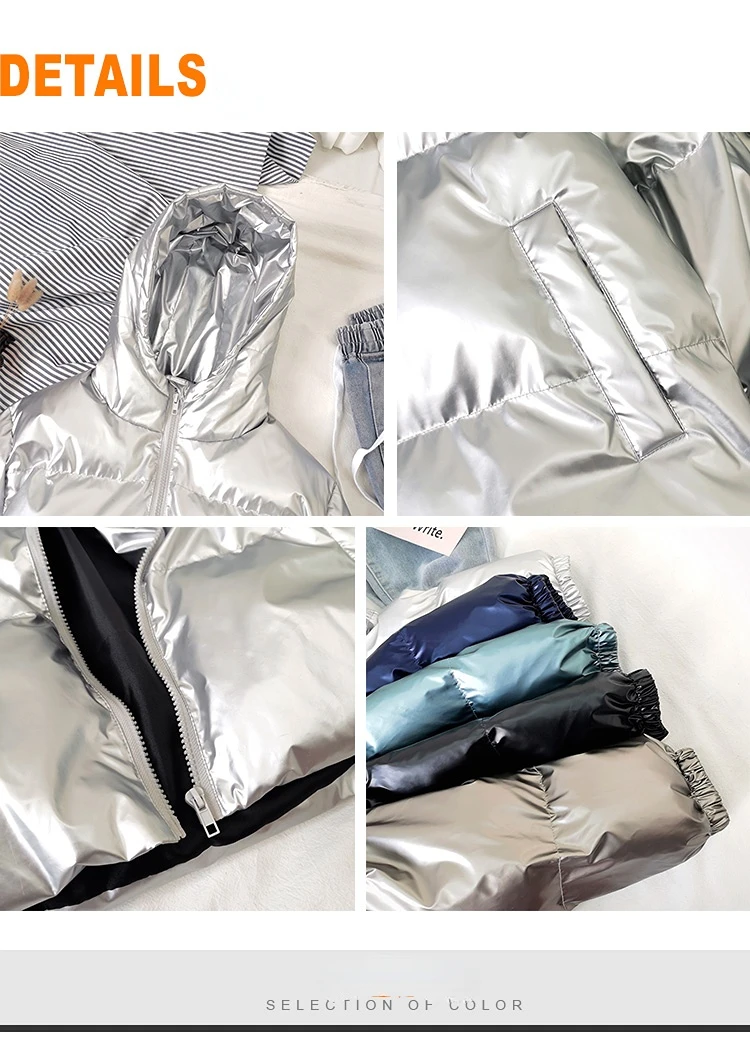 Streetwear Fashion Bright Silver Puffer Jackets for Men Thicken Winter Mens Coats Casual Hooded Cotton Wadded Heated Jacket Men