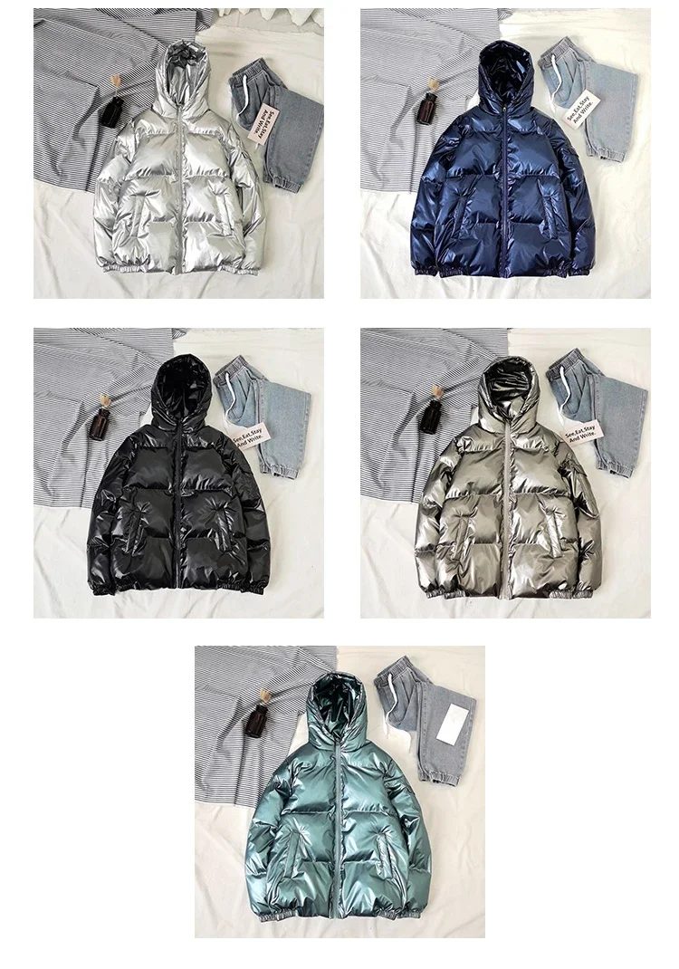 Streetwear Fashion Bright Silver Puffer Jackets for Men Thicken Winter Mens Coats Casual Hooded Cotton Wadded Heated Jacket Men