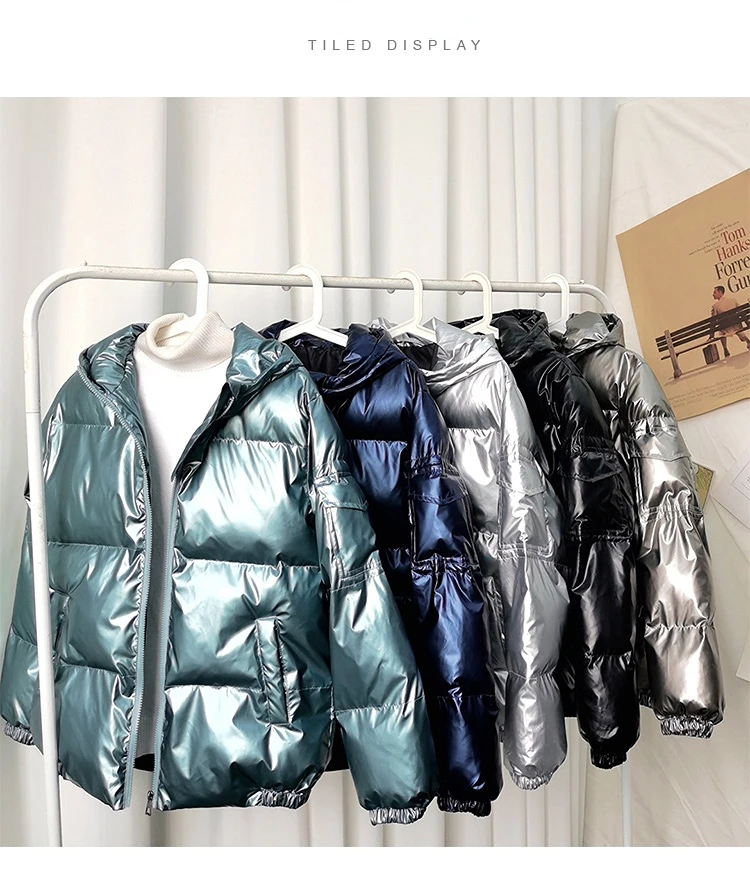 Streetwear Fashion Bright Silver Puffer Jackets for Men Thicken Winter Mens Coats Casual Hooded Cotton Wadded Heated Jacket Men
